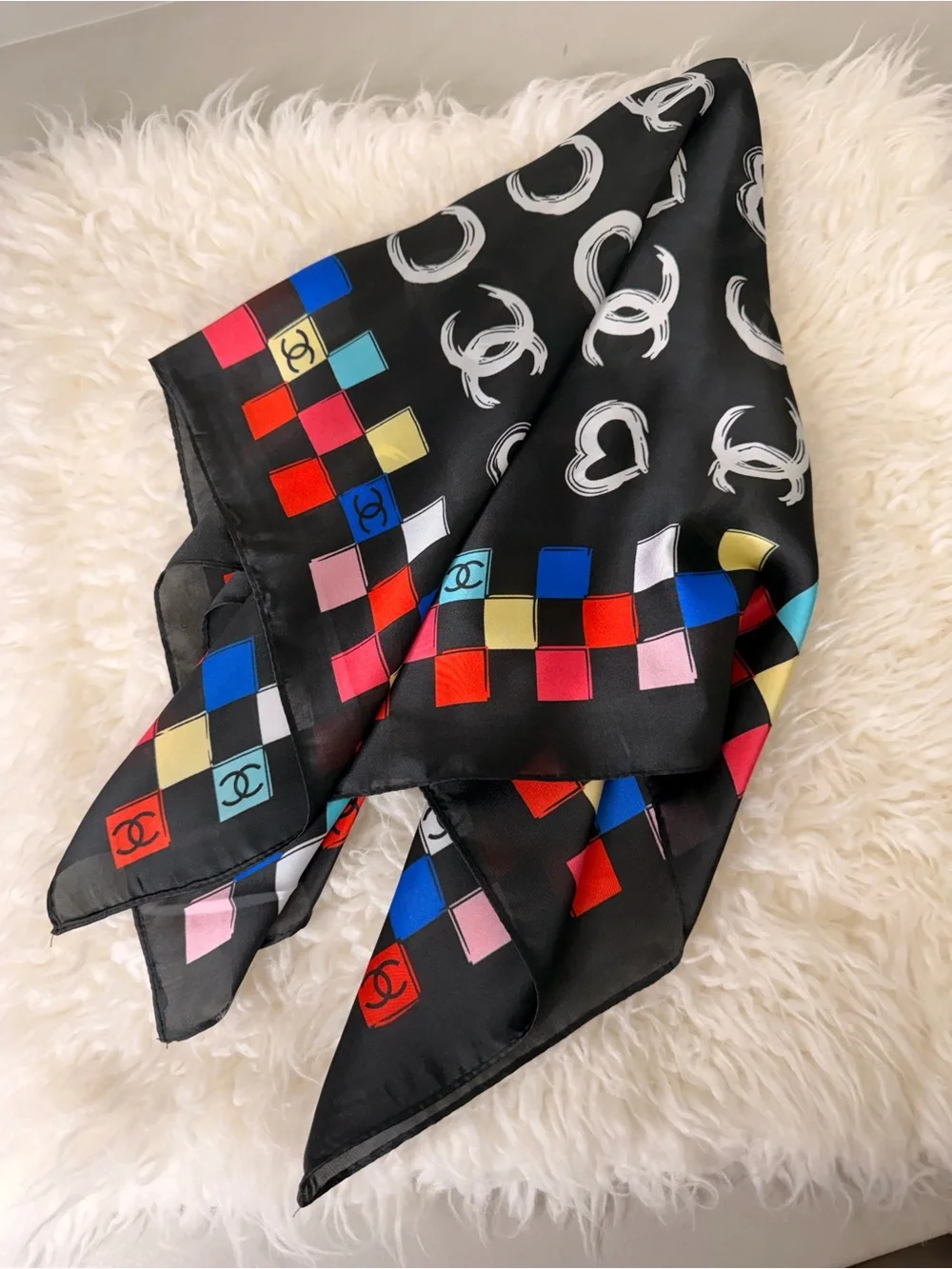 Black Multi-Color Silk-Look Scarf with Logo Motif